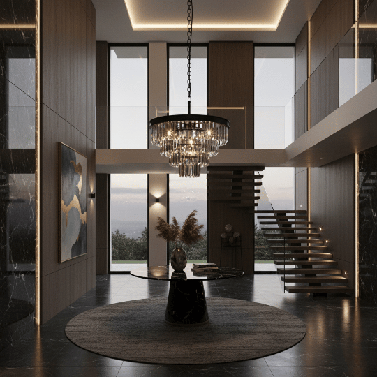 Luxury drum-style crystal chandelier suspended from a chain above a tall entry hall.
