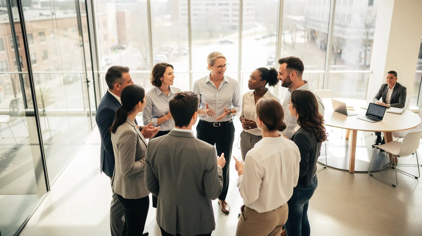 L'image montre une équipe diversifiée formant un cercle et échangeant dans un environnement professionnel lumineux, symbolisant la collaboration et la communication. Cette scène illustre l'importance de la méthode DISC pour renforcer la cohésion d'équipe et favoriser le développement personnel au sein de l'entreprise.