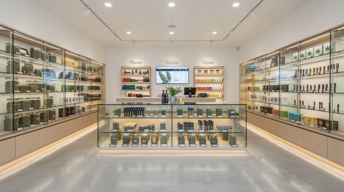 The image depicts the interior of a modern cannabis dispensary, brightly lit and featuring glass display cases filled with various organized cannabis products. This setting reflects the legal status of recreational cannabis in Vermont, showcasing a range of items available for both medical and adult use under local regulations.