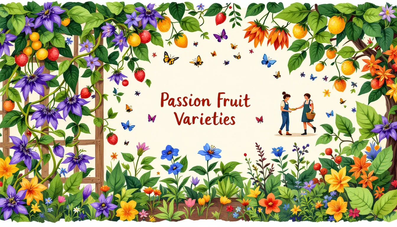 Different varieties of passion fruit vines for selection.