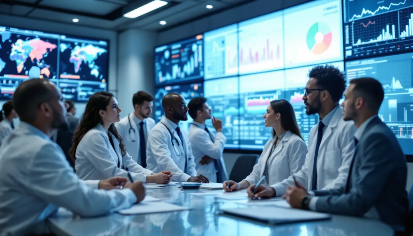 The image depicts public health professionals engaged in monitoring disease surveillance data on large displays, which visualize outbreak patterns and trends. This data analysis process enables healthcare providers to identify trends and improve patient outcomes through informed decision-making.