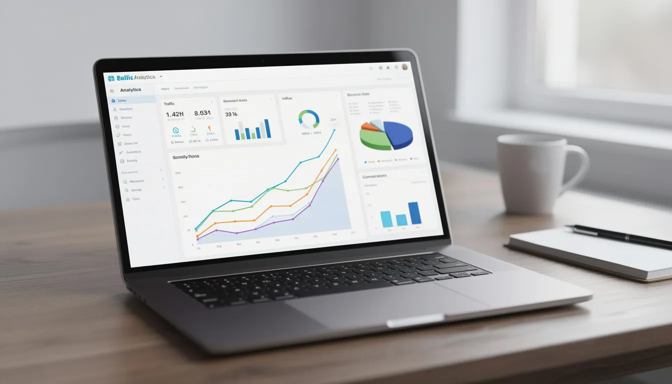 The image shows a laptop screen displaying a vibrant website analytics dashboard filled with colorful line graphs and charts, illustrating key metrics such as organic traffic, keyword rankings, and engagement metrics. This dashboard serves as an essential tool for SEO professionals to monitor their SEO performance and strategize effectively.