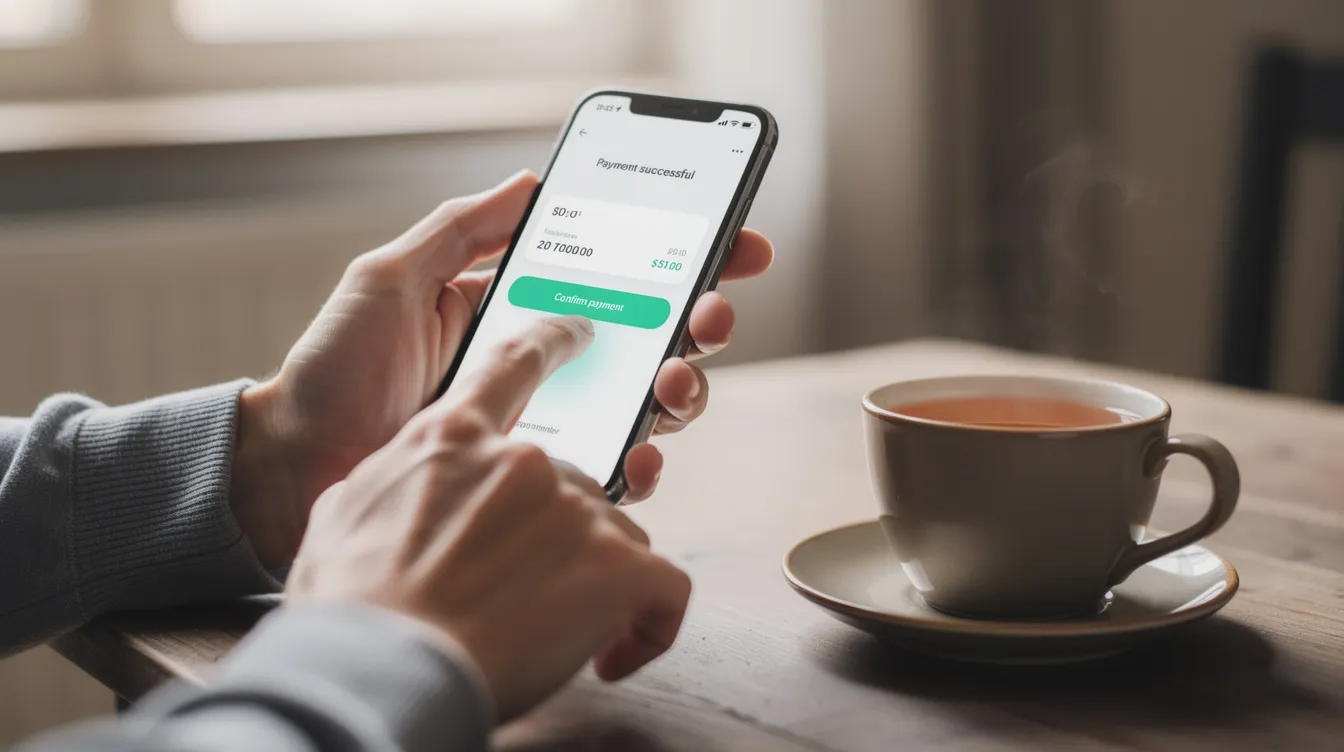 A person is using a smartphone to complete a digital financial transaction, with a cup of tea placed beside them on the table. This scene highlights the convenience of modern financial services, which can provide financial assistance and support through initiatives like the Himmat Card in Pakistan.