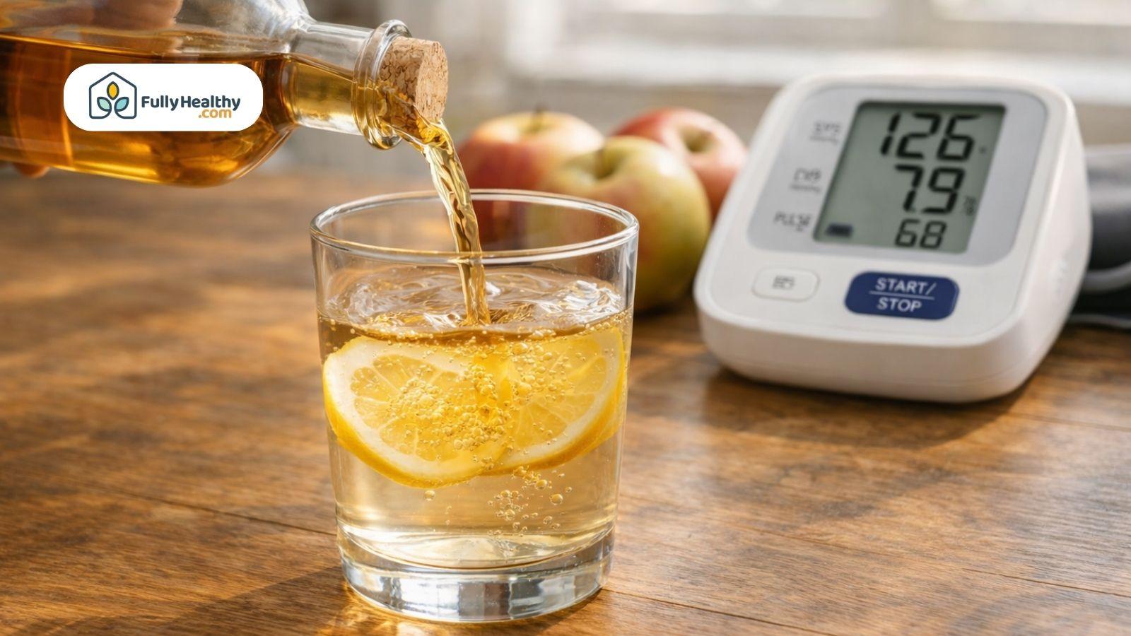 Apple cider vinegar poured into lemon water beside digital blood pressure monitor
