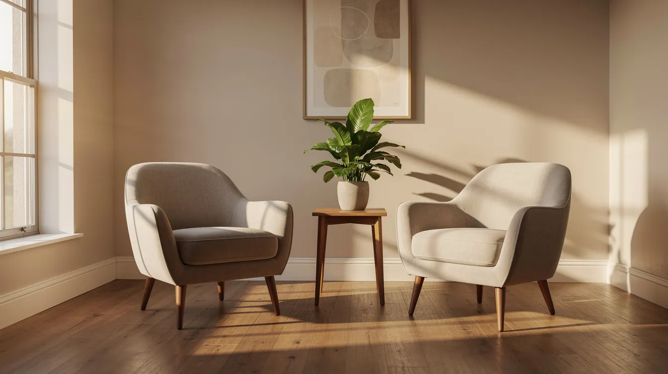 The image depicts a tranquil therapy office bathed in sunlight, featuring two comfortable chairs and a small plant on a side table, creating a welcoming environment for mental health counseling. The serene atmosphere invites individuals to explore their thoughts and feelings in a safe space.