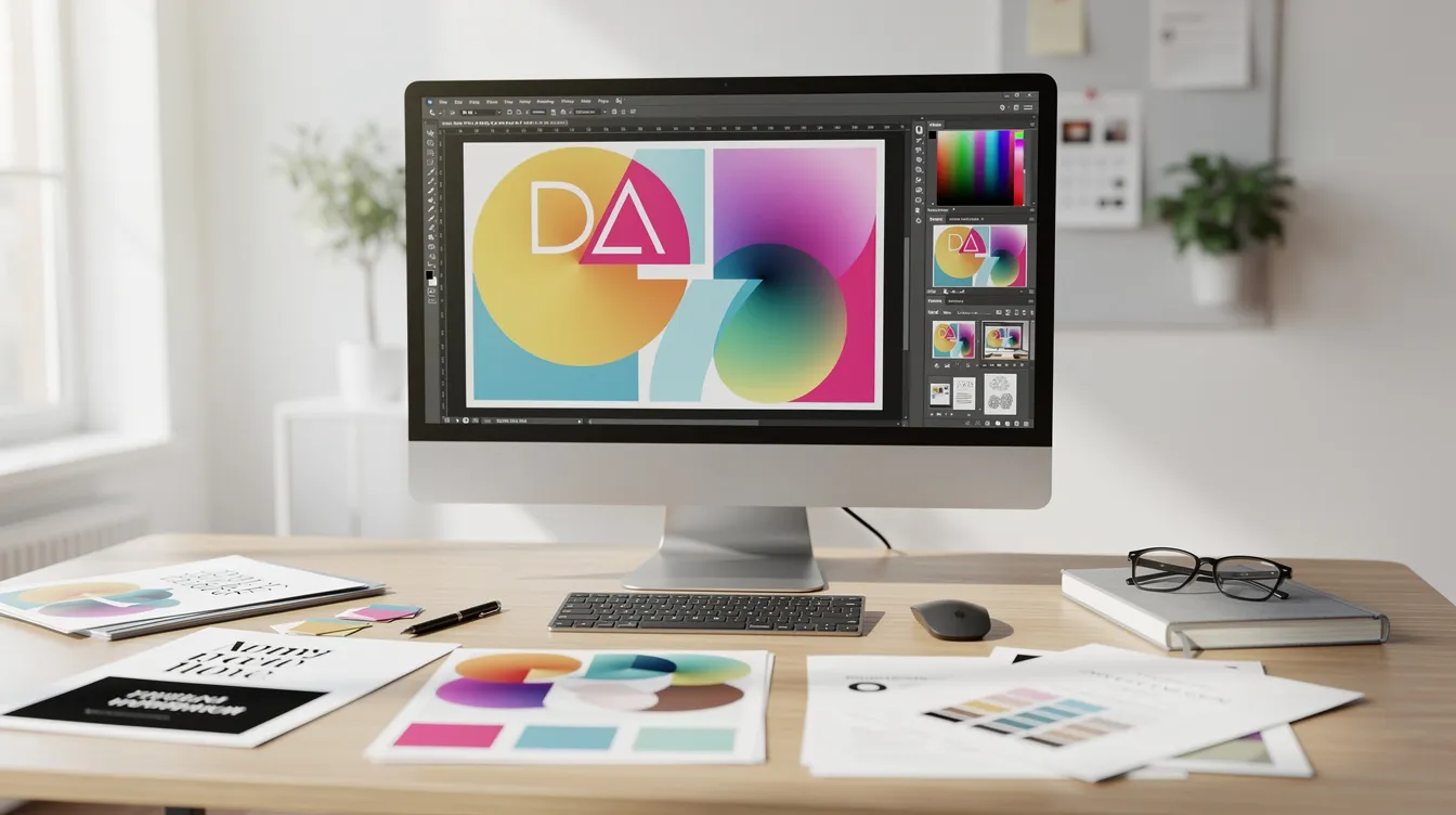 The image depicts a modern creative workspace featuring a computer monitor showcasing vibrant design layouts, complemented by printed materials scattered across a desk. This setting reflects the essence of graphic design services, highlighting the tools and creative skills used by professional graphic designers to develop high-quality visuals for various projects.