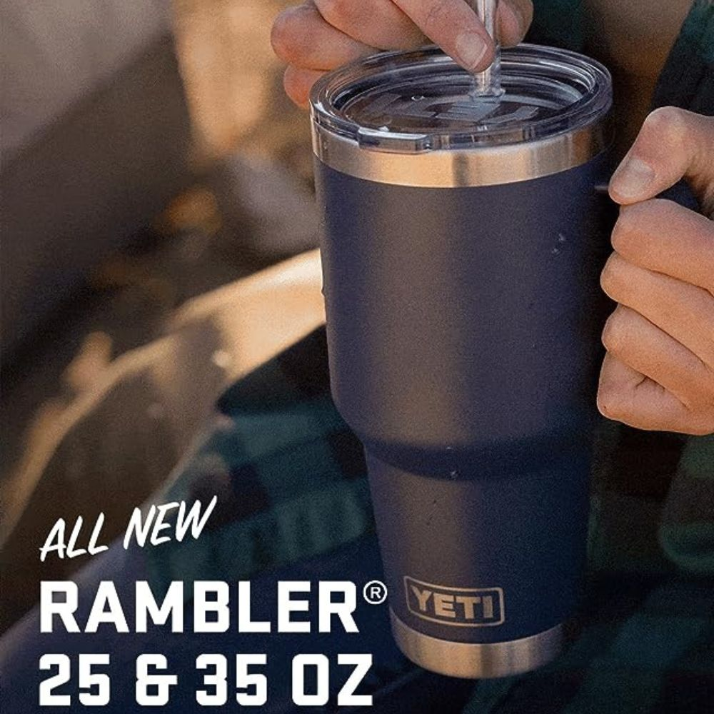A Yeti Rambler tumbler with a straw lid and a stainless steel body, keeping hot beverages hot and cold beverages cold
