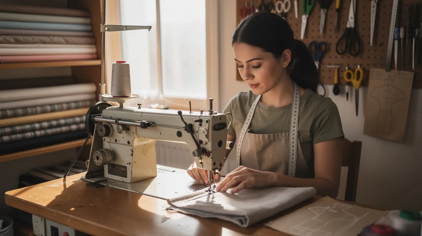 The image shows a woman diligently working at an industrial sewing machine in a small, well-lit workshop, highlighting her engagement in income-generating activities. This setting reflects the spirit of micro enterprises supported by the government of India through various schemes, including mudra loans, aimed at assisting borrowers in creating assets and fulfilling their dreams.