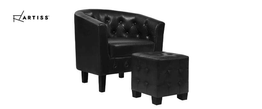 An Artiss traditional style PU-leather tub chair and ottoman set in black.