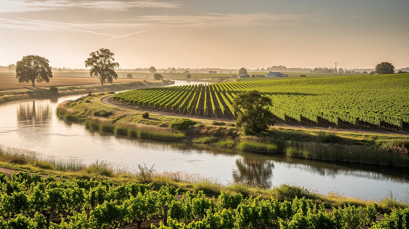 The image depicts a serene vineyard landscape bathed in golden afternoon light, with a winding river flowing through the lush vines. This picturesque scene highlights the beauty of winemaking, where grapes are grown for producing refreshing sparkling wines, including pét nat, celebrated for their natural fermentation and delightful bubbles.