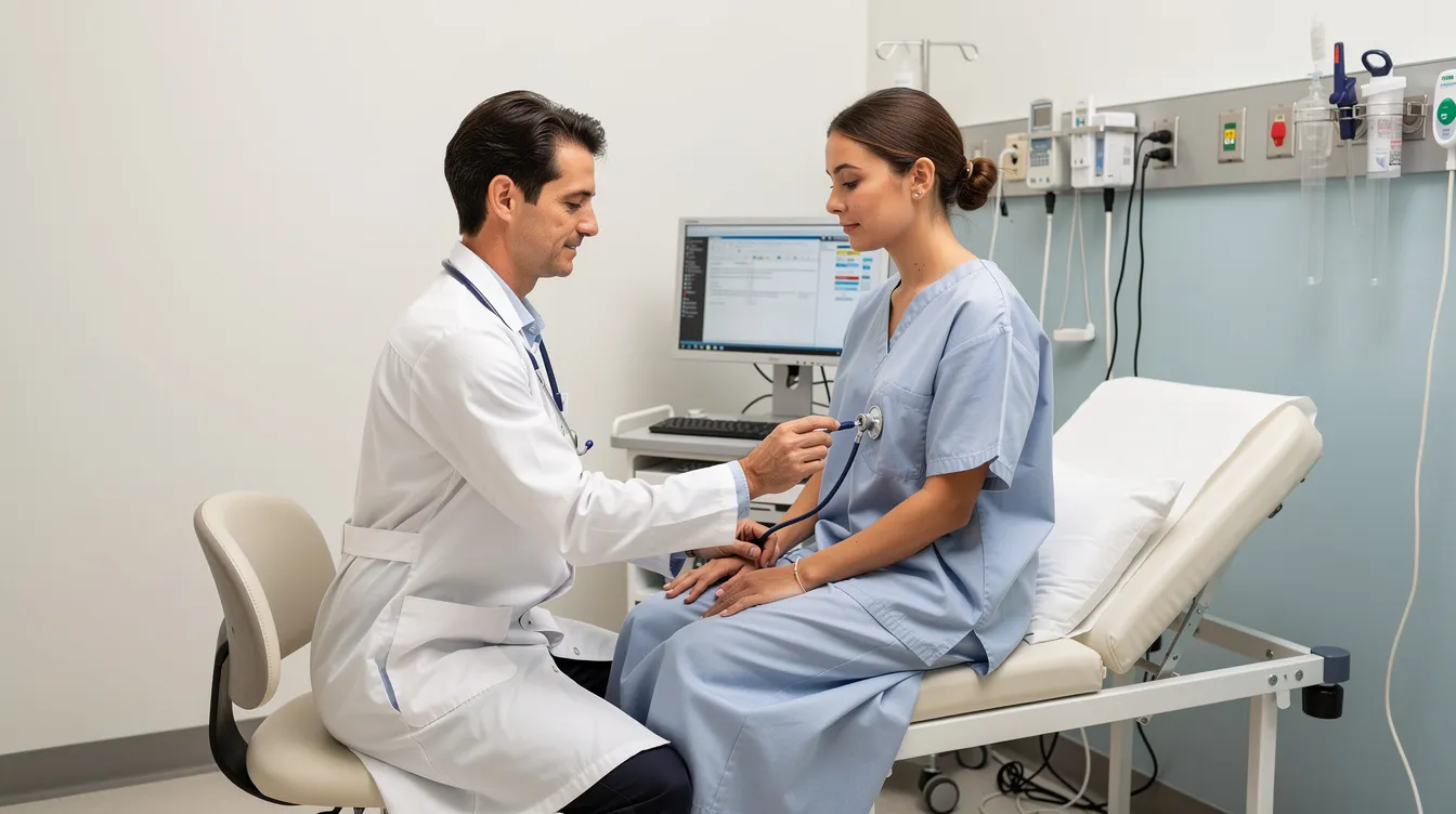 A medical professional is examining a patient in a hospital examination room, focusing on providing thorough medical care and ensuring patient safety. This scene reflects the critical role healthcare providers play in diagnosing and treating patients, which is essential to prevent medical errors and potential medical malpractice claims.