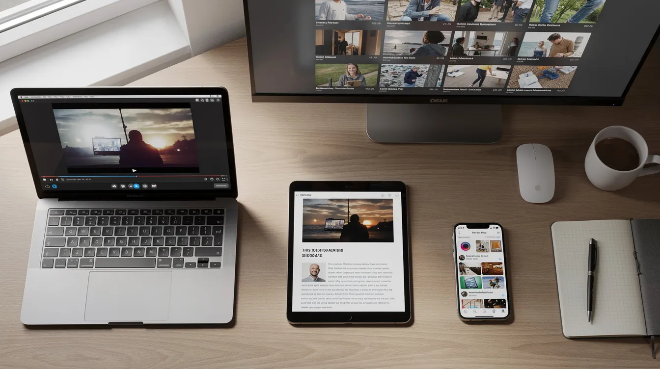 A table is filled with multiple devices displaying various content formats, including video clips, blog posts, and social media feeds, showcasing modern marketing tools for lead generation and business growth. This setup illustrates how most teams can create and manage diverse content strategies to engage new clients and increase revenue.