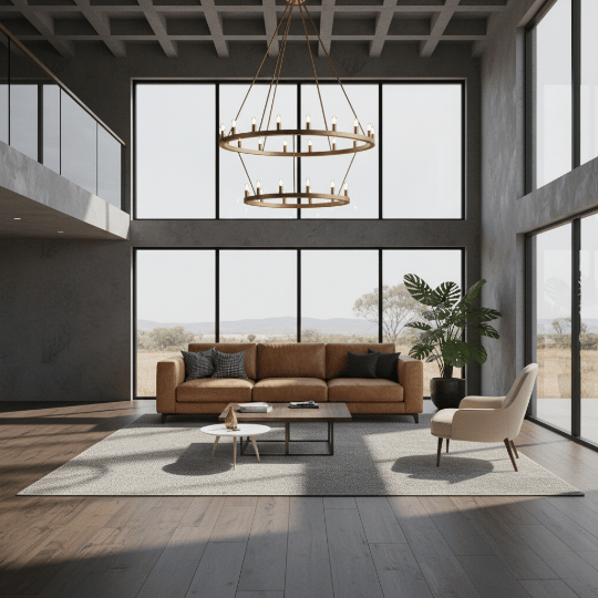 Double-ring chandelier with exposed candle bulbs creating a clean focal point in a high-ceiling interior.