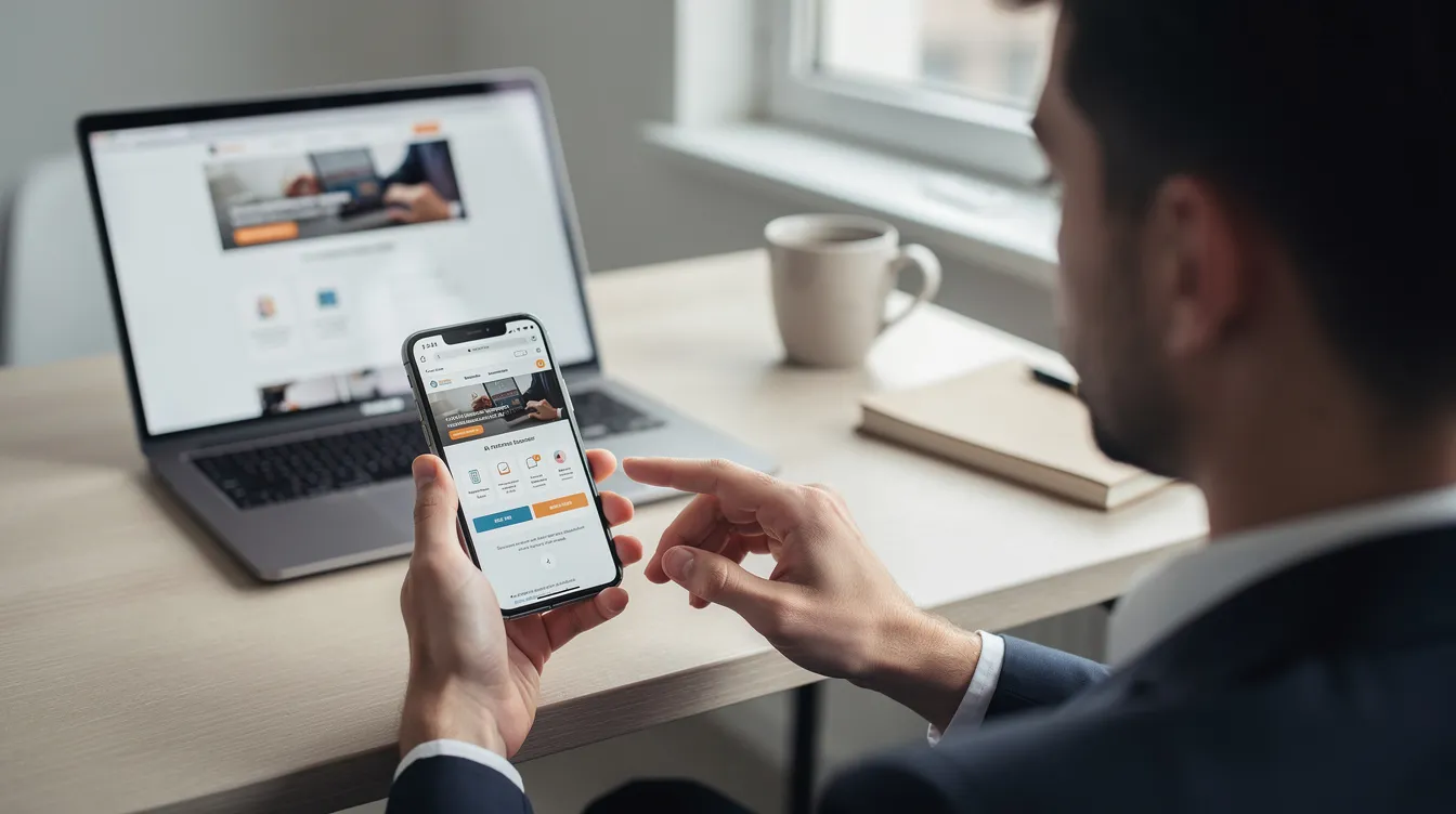 A person is testing a mobile website on their smartphone, with a laptop open in the background displaying a website builder interface. This scene highlights the importance of user-friendly design features for small business owners looking to enhance their online presence.