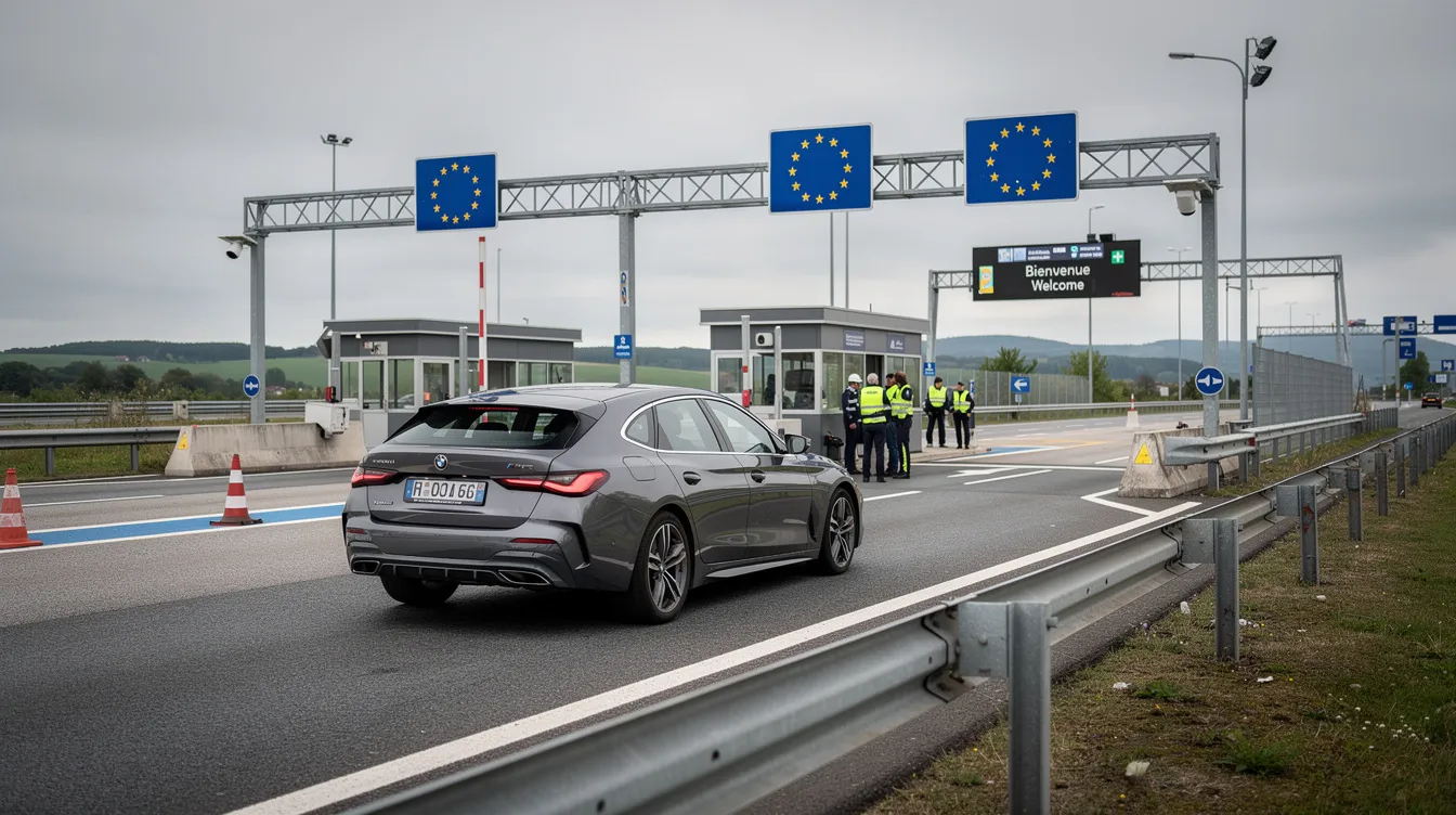 Une voiture traverse un poste frontière européen, avec des panneaux indiquant les règles de passage. Ce moment évoque les voyages et la location de voiture, rappelant l'importance de vérifier les conditions et les frais cachés avant de partir en vacances.