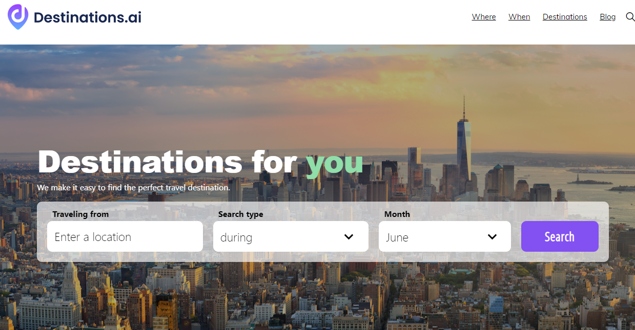 AI Travel Tool - Destinations.ai Website