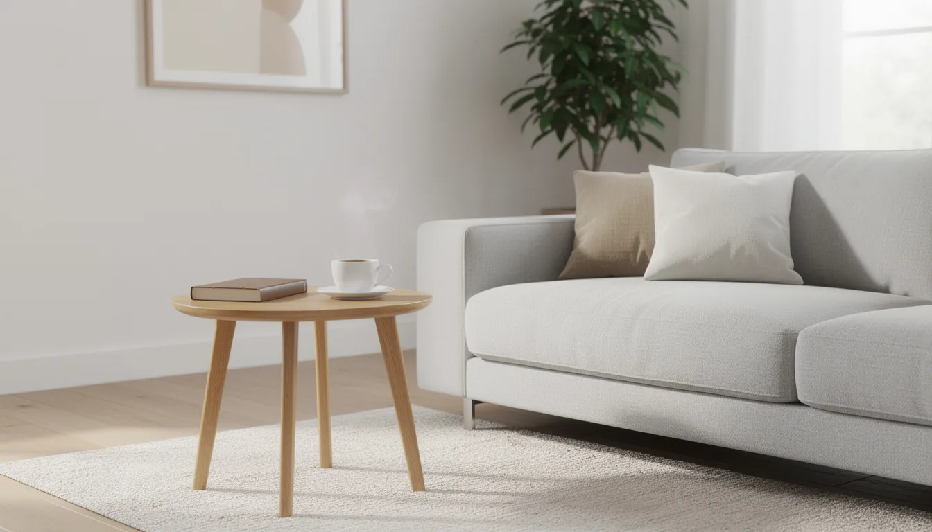 Ett modernt vardagsrum med en bekväm soffa och ett litet sidobord i trä, där bordet är dekorerat med en kopp kaffe och en bok. Rummet erbjuder en stilren känsla och passar perfekt för avkoppling och förvaring av olika produkter.
