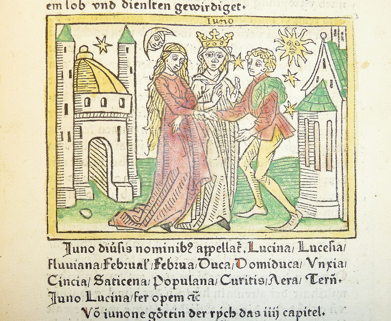 A 15th-century woodcut illustration of the goddess Juno as patron of marriage, hand-colored in red, green, yellow and black. (Photo: Wikimedia/Penn Provenance Project)
