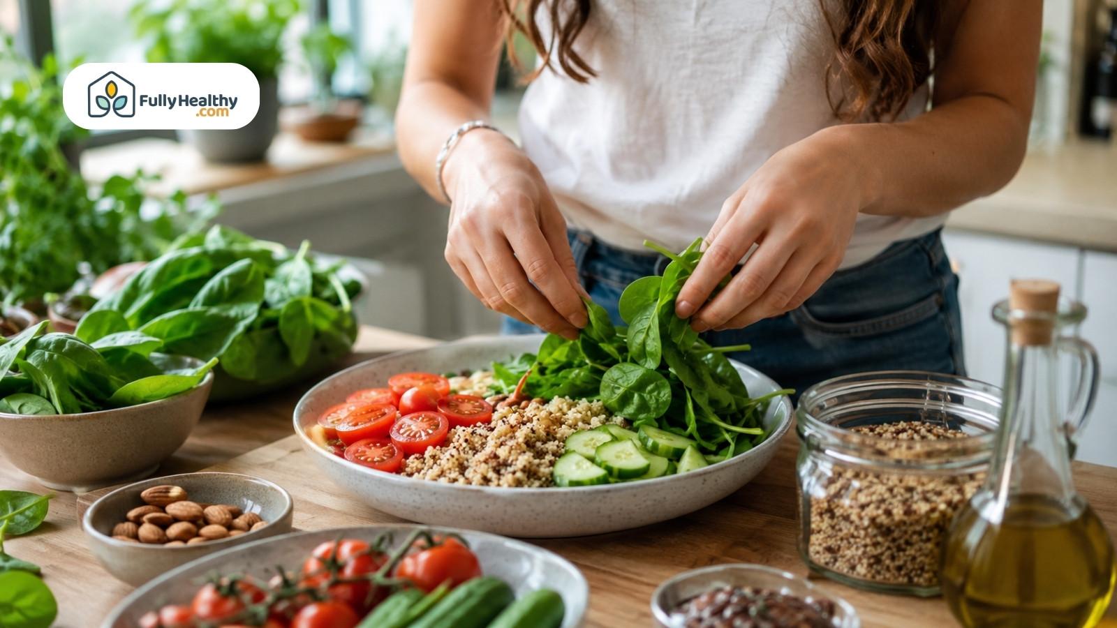 Preparing fresh spinach salad with quinoa, cucumbers, tomatoes, and almonds