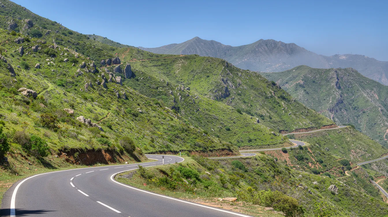 Winding road through the green Rif mountains under a blue sky.
