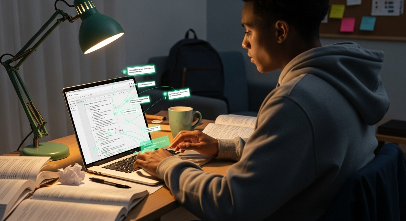 College student organizing essay outline with AI-generated structural suggestions.
