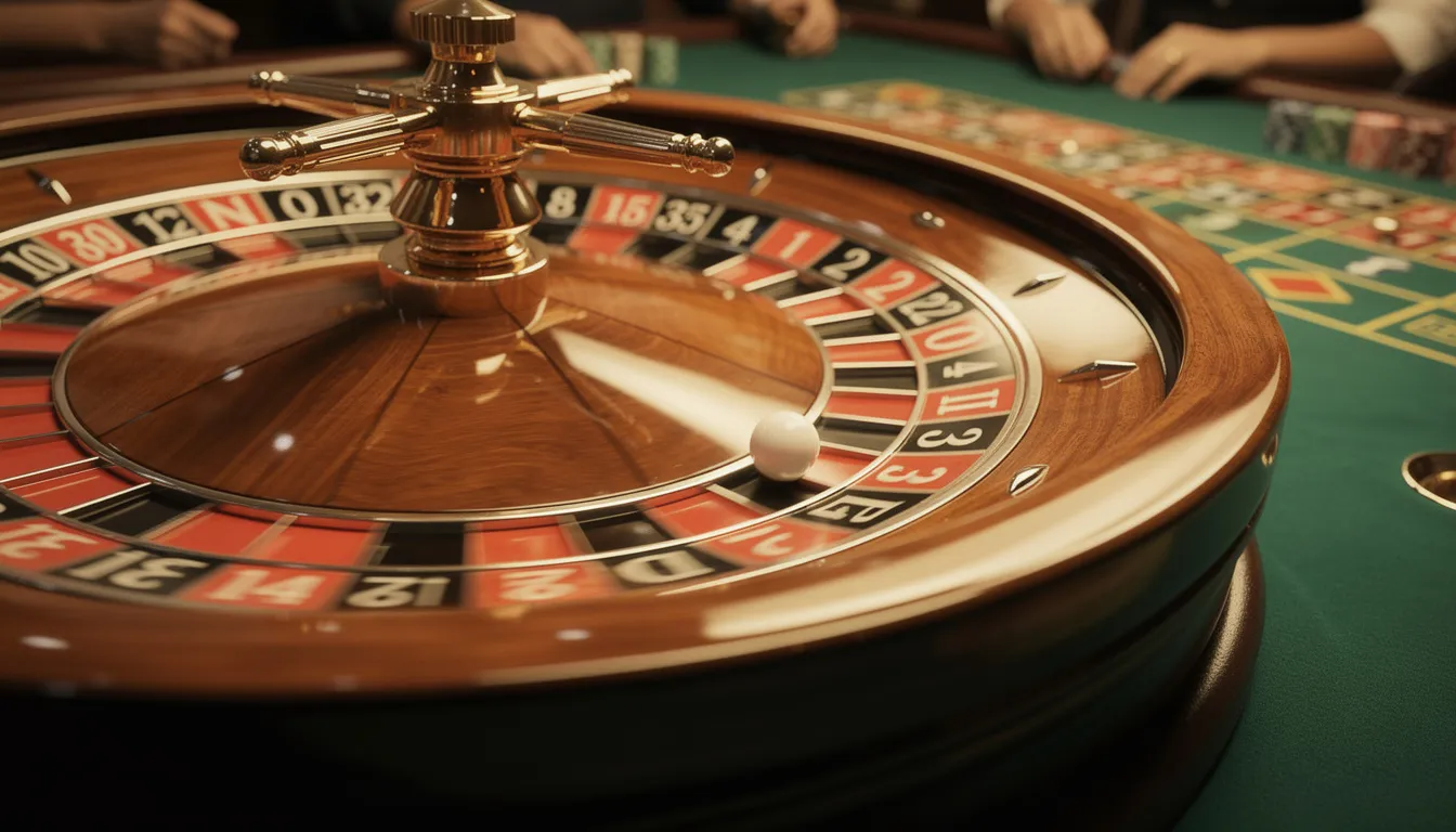 L'image montre une roulette de casino en mouvement, avec la bille qui tourne rapidement sur le plateau. L'atmosphère évoque l'excitation des jeux de hasard dans les casinos, où les joueurs attendent avec impatience le résultat de leur mise.