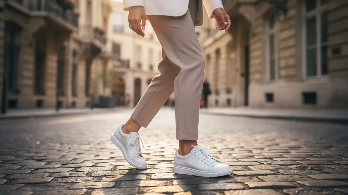 Eine stilvolle Person trägt weiße Leder-Sneaker, während sie auf einer sonnigen Straße in einer europäischen Stadt spaziert. Die Sneakers, möglicherweise ein Modell von Valentino Garavani, ergänzen perfekt den modischen Look und die lebendige Atmosphäre der Umgebung.