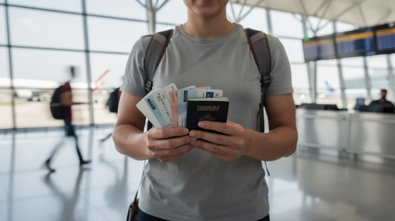 Eine Person steht am Flughafen und hält einen Reisepass sowie wichtige Dokumente in der Hand, die möglicherweise eine Fiktionsbescheinigung oder andere Nachweise für den Aufenthalt und die Einreise nach Deutschland betreffen. Der Flughafen im Hintergrund deutet auf eine bevorstehende Reise hin.