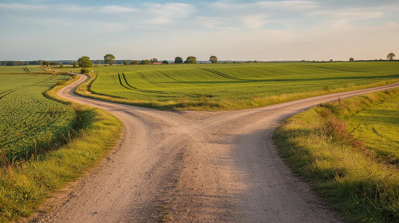 The image depicts a fork in a country road, where two distinct paths lead through lush green fields, symbolizing choices in real estate investing and financing options like hard money loans for investment properties. The serene landscape invites contemplation of various opportunities in the market, including potential fix and flip projects.