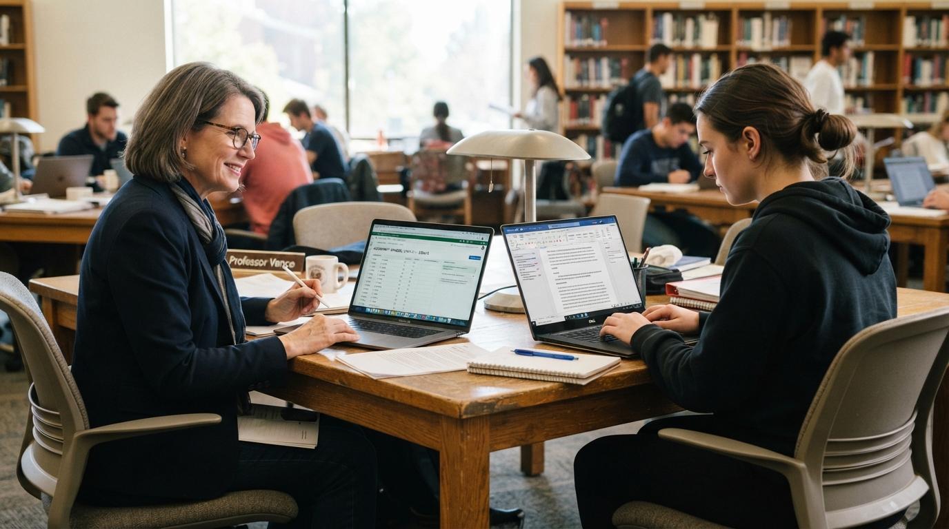 Modern university workspace showing a professor grading assignments on one laptop while a student revises a research paper on another, emphasizing productivity and time saving.