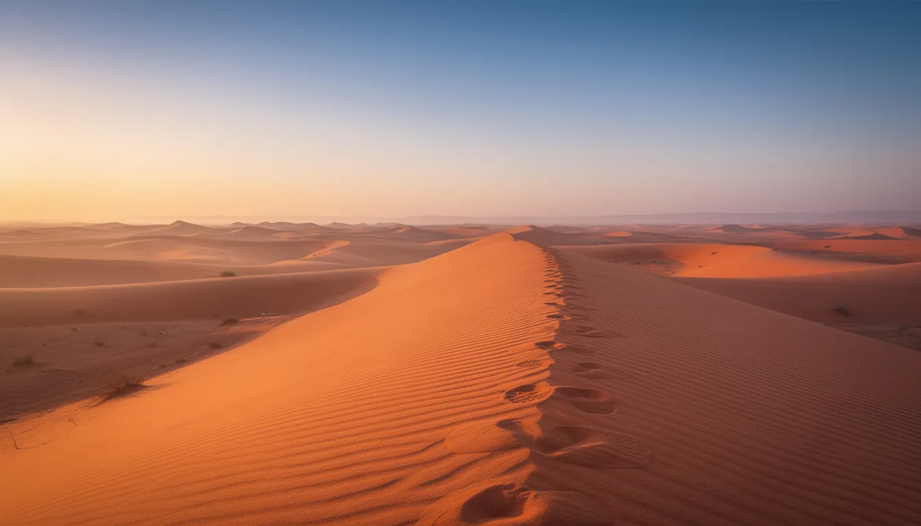 Des dunes de sable orange se dressent majestueusement sous un ciel bleu, illuminées par les premières lueurs du lever du soleil, créant un paysage époustouflant typique du désert du Namib. Ce décor invite à l'aventure, parfait pour ceux qui envisagent de louer une voiture en Namibie pour explorer ses trésors naturels.