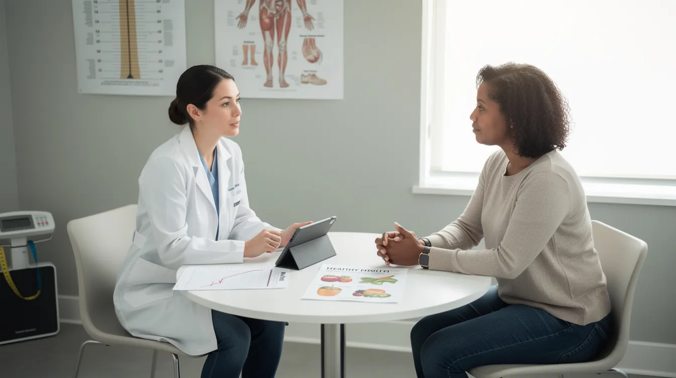 A healthcare professional is consulting with a patient about various weight management options, discussing FDA approved medications and lifestyle changes to help with weight loss and improve metabolic health. The consultation aims to address the patient's body weight and explore effective strategies for weight reduction.