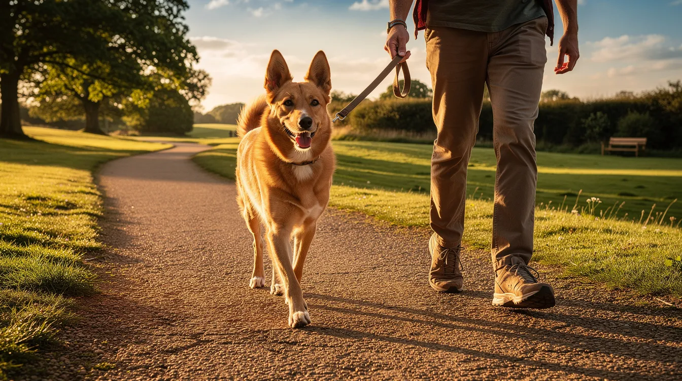 A joyful dog walks alongside its owner on a sunny park path in the UK, showcasing its active spirit and healthy joints. This image highlights the importance of joint health and support, especially for dogs enjoying their daily routines.