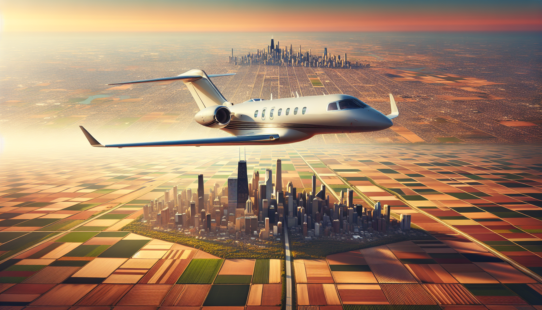 Private jet flying from Joliet to Chicago skyline