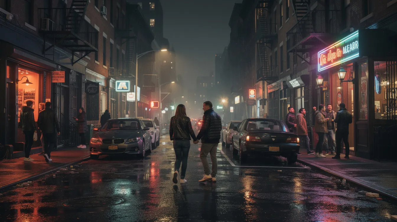 The image depicts a lively Brooklyn street at night, illuminated by glowing bar signs, with people walking and socializing. Various bars, including dive bars and cocktail bars, line the street, creating an inviting atmosphere for new friends and potential date nights.