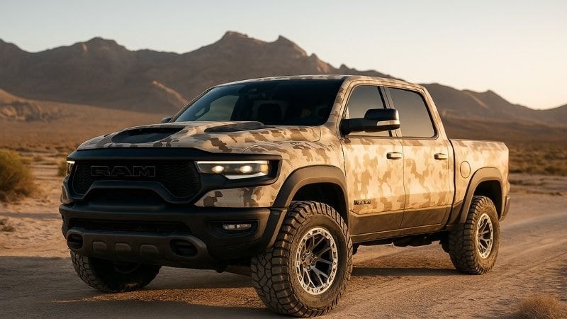 A Jeep Gladiator wrapped in brown camo wrap