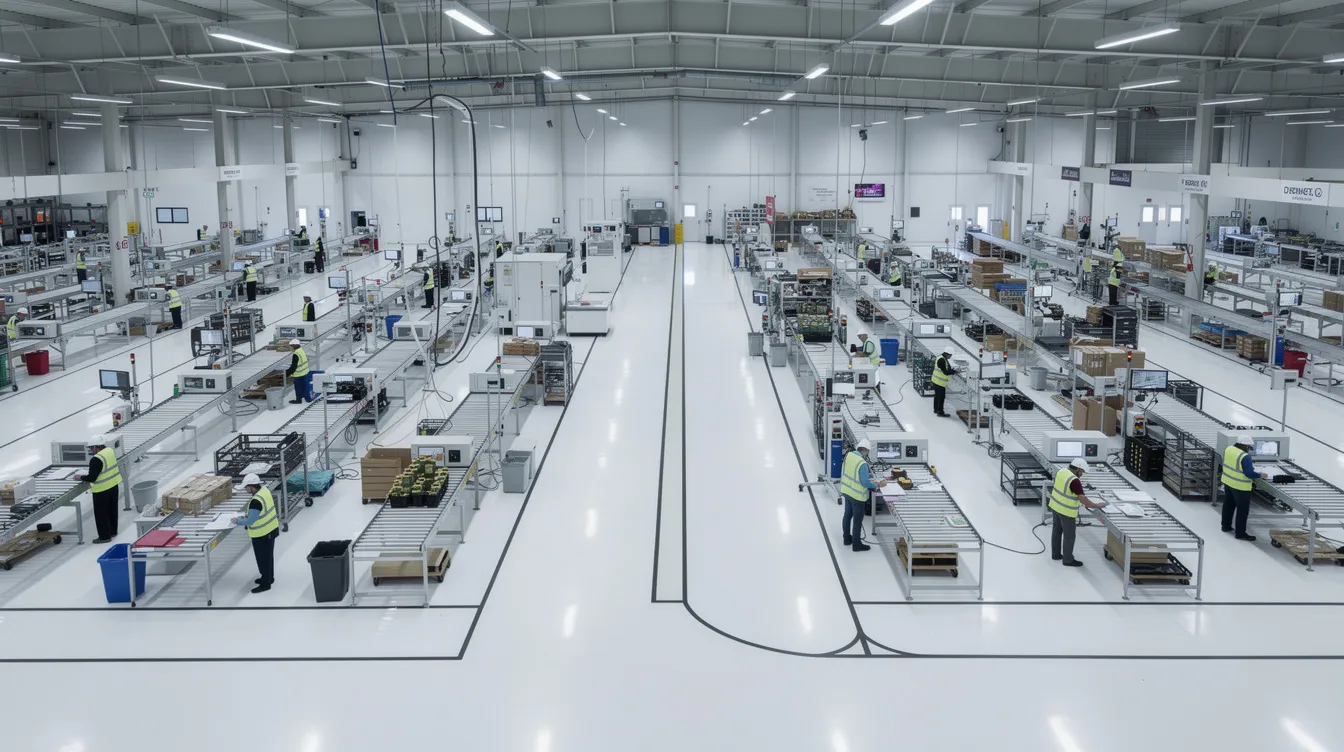 This image shows an overhead view of a clean and well-organized manufacturing facility, featuring multiple production lines illuminated by overhead lighting. The layout reflects effective asset management practices, optimizing operations and enhancing overall asset performance within the industrial environment.