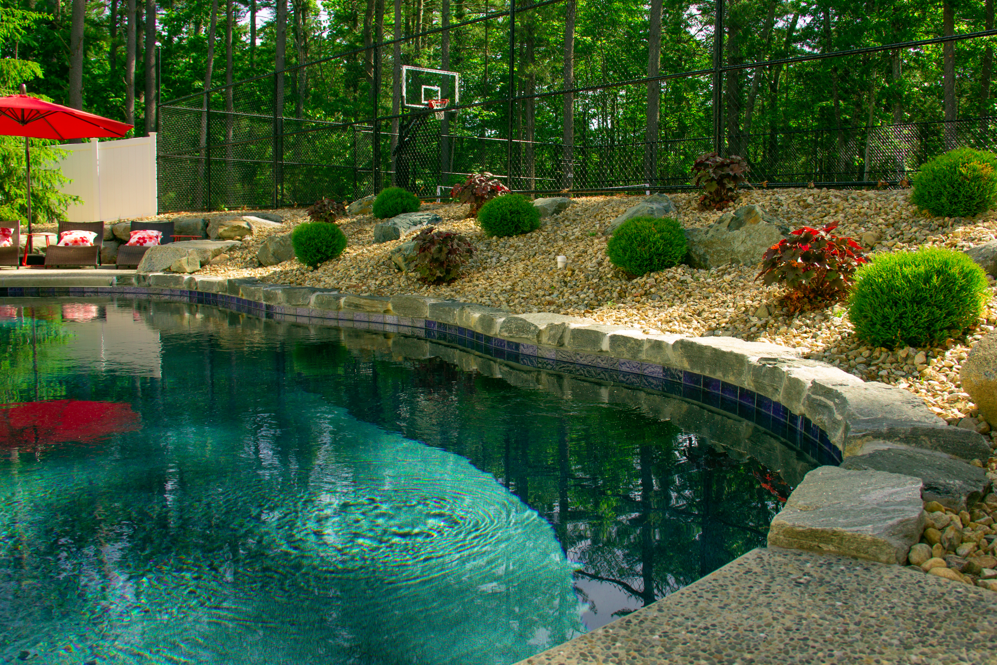 Backyard pool with woods and hill.