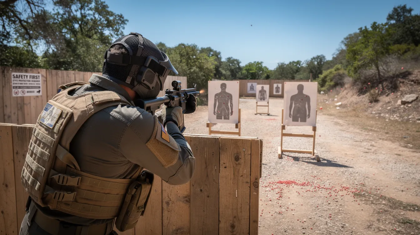 A person is positioned behind a barricade at an outdoor airsoft range, aiming an airsoft pistol at paper targets. The scene captures the excitement of shooting with gas blowback airsoft pistols, showcasing the realistic handling and recoil associated with these popular airsoft platforms.