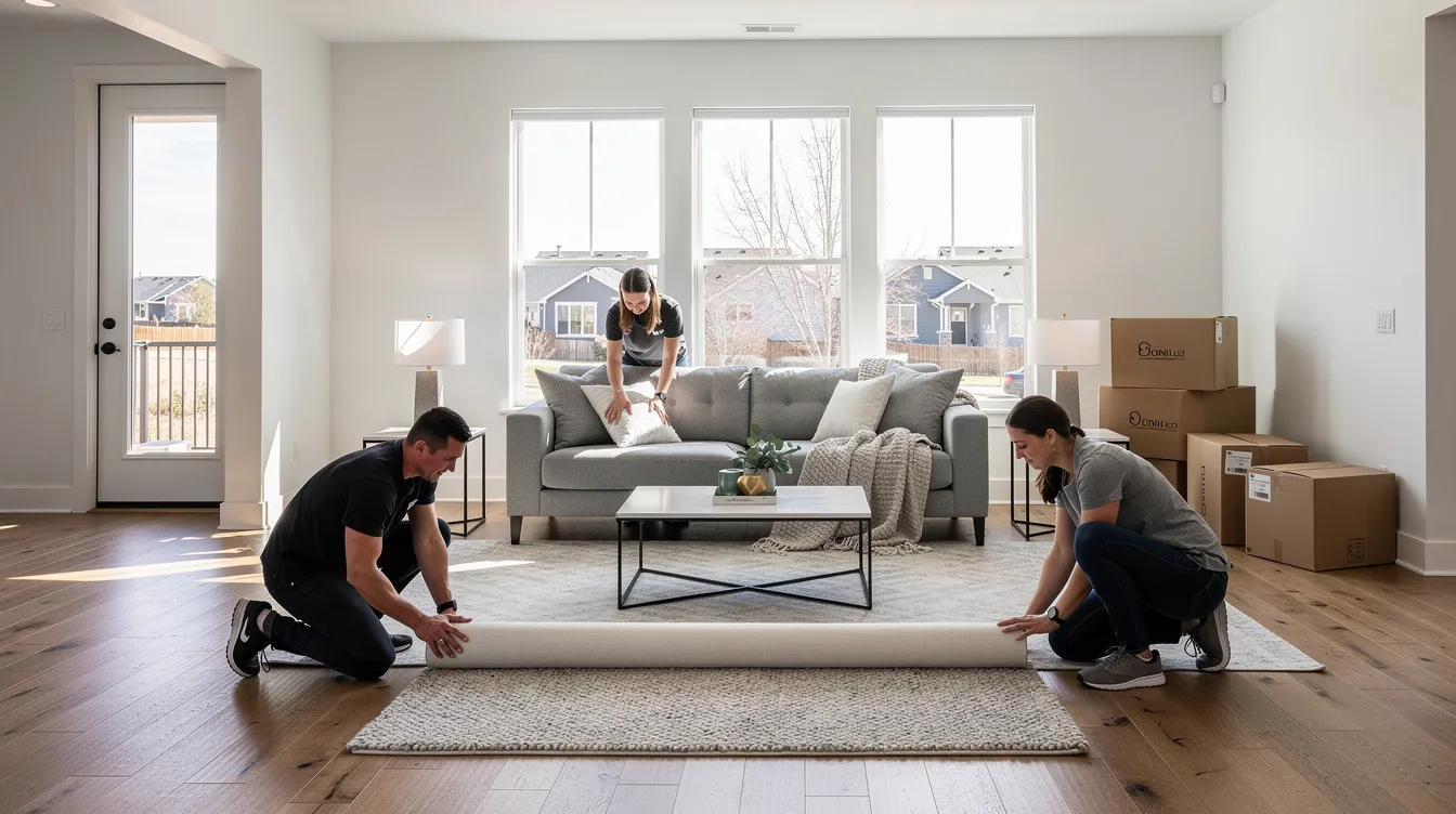 A professional staging team is busy arranging furniture and decor in a vacant home in Denver, transforming the space to make it more appealing to potential buyers. This home staging process enhances the property’s appeal and helps it sell faster in the competitive market.