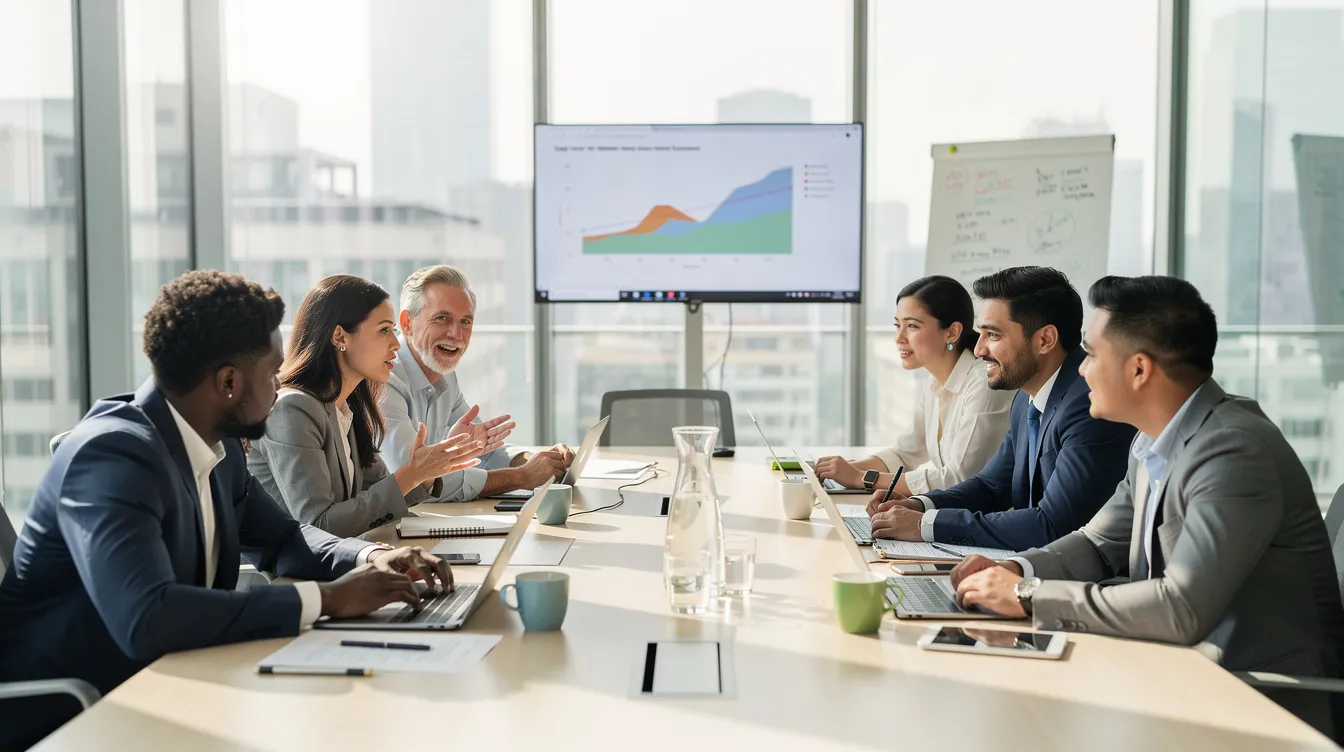 Une équipe professionnelle diversifiée discute de manière engagée dans une salle de réunion moderne baignée de lumière naturelle, illustrant l'importance de l'intelligence émotionnelle et de la gestion des émotions pour améliorer la performance collective. Cette interaction met en avant la coopération et le bien-être des collaborateurs au travail.