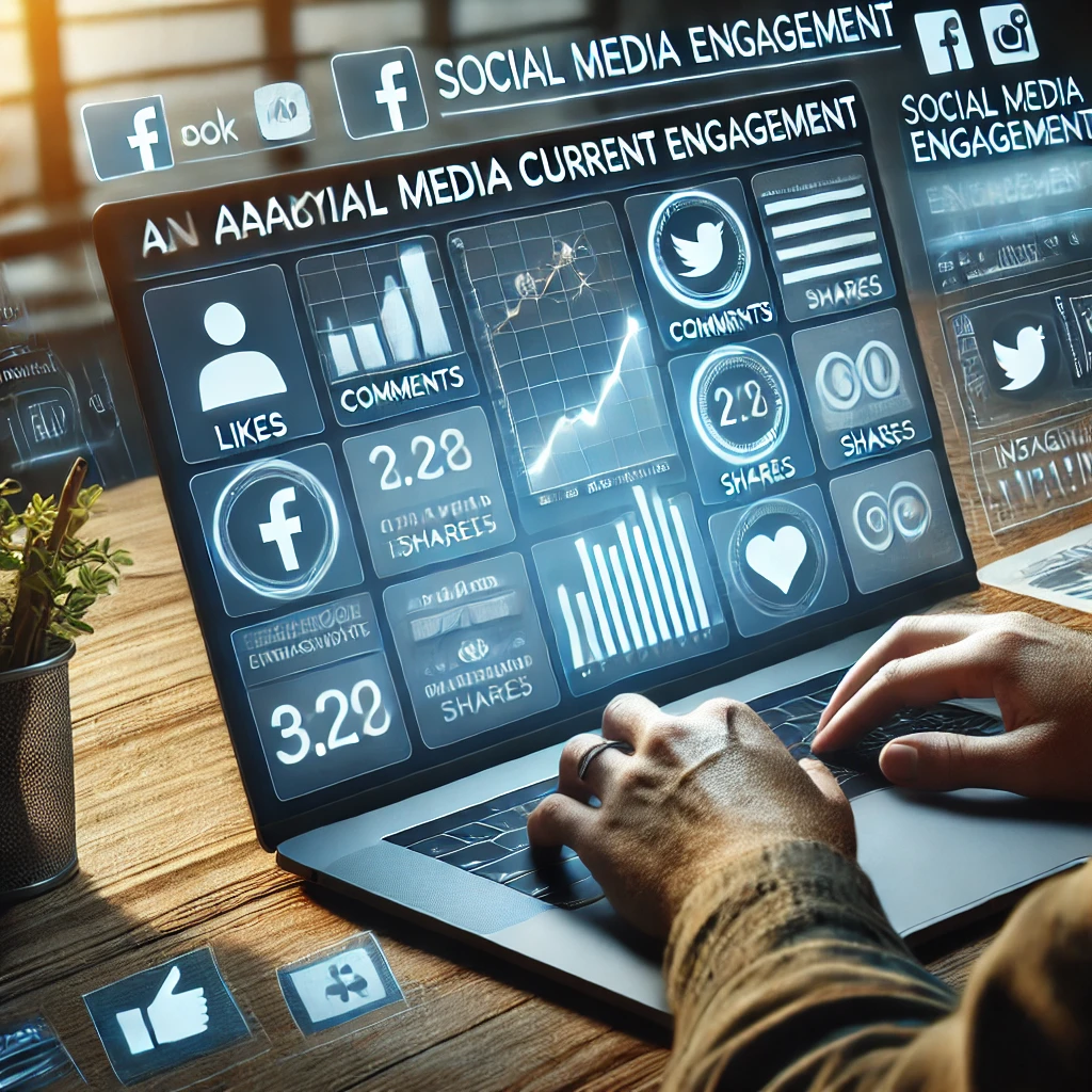 Persona analizando métricas de engagement en redes sociales en laptop, con íconos de Facebook, Twitter e Instagram y gráfico de tendencias de engagement. | Posiciona.Digital