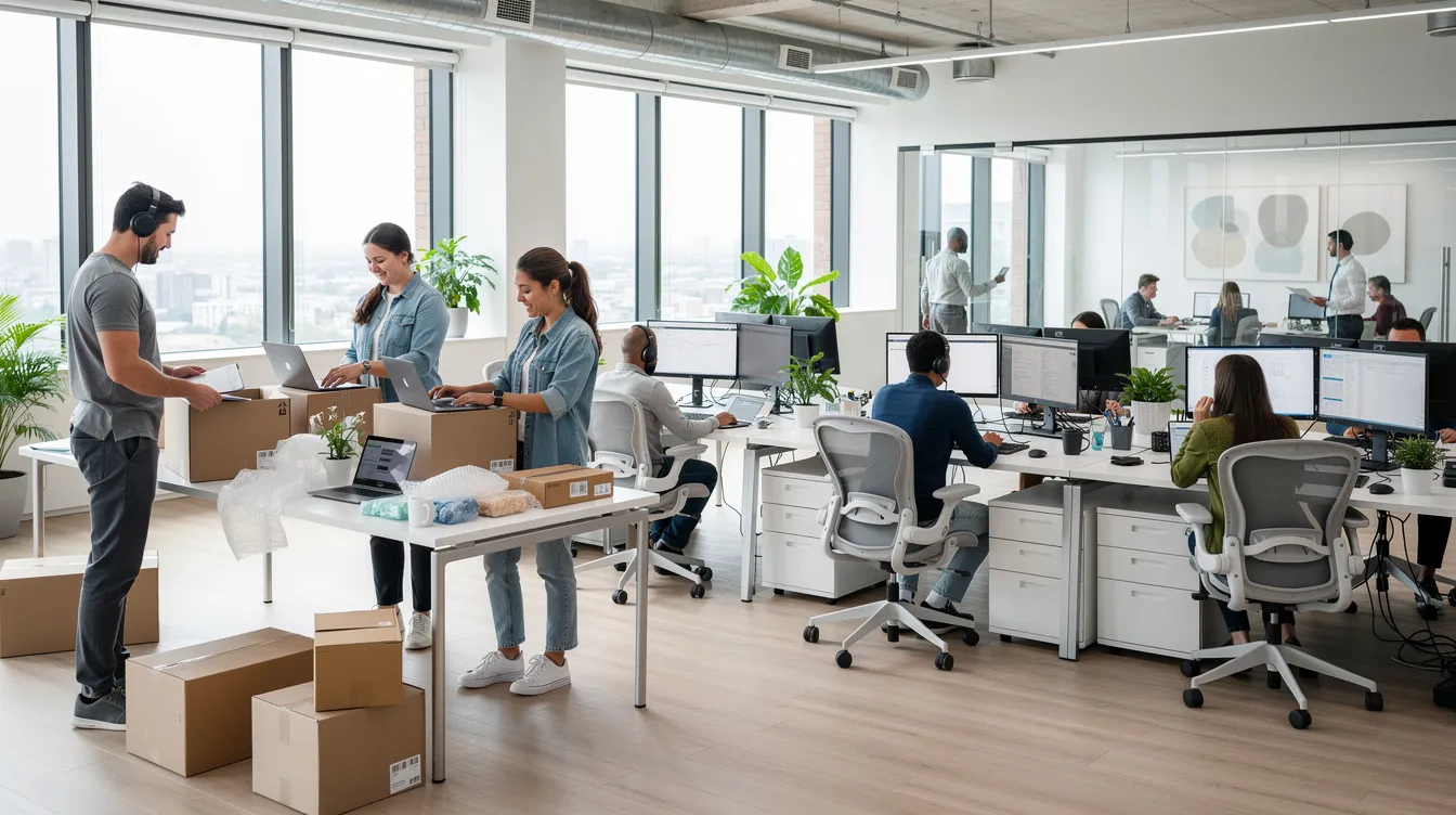 The image depicts a modern open-plan office where several individuals are unpacking deliveries and working at their desks, showcasing a collaborative environment ideal for small business owners. This setting highlights the importance of efficient business operations, such as managing both business and personal purchases through an Amazon business account.