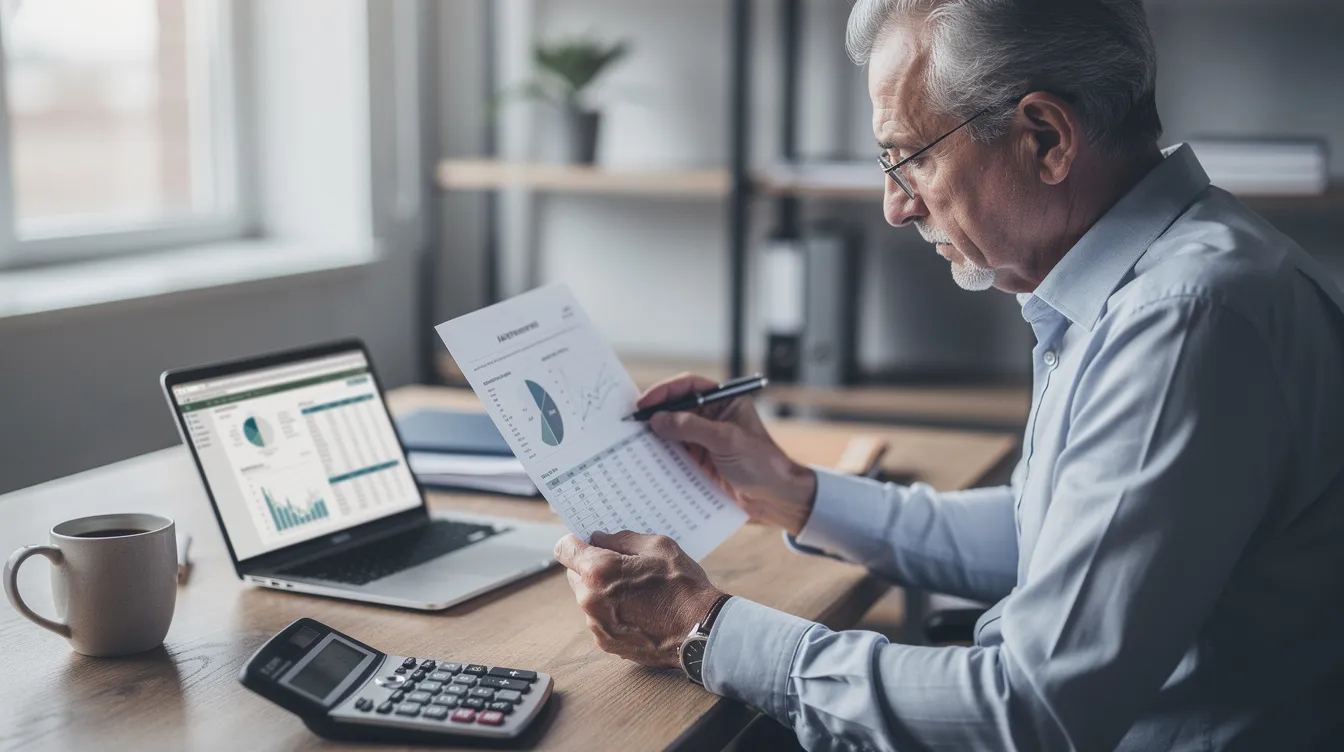 An older professional is seated at a desk, intently reviewing financial documents and using a calculator, likely assessing their retirement accounts and planning for required minimum distributions (RMD) in accordance with tax laws. The scene reflects a thoughtful approach to managing retirement savings and understanding the implications of RMD rules for their financial future.