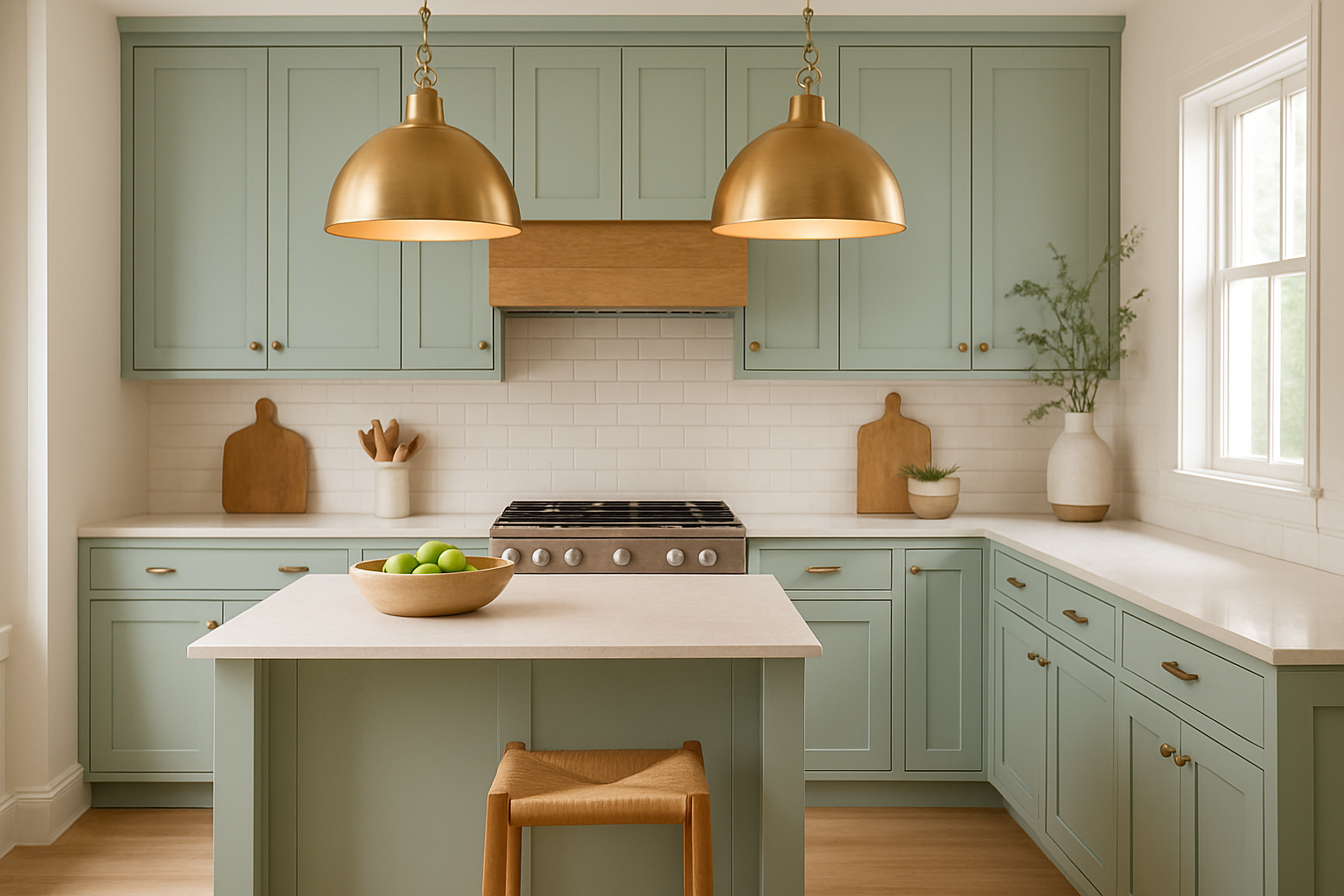 The image features stylish kitchen pendant lights with a warm brass finish hanging above sea salt cabinets, enhancing the coastal vibe of the space. The soft green-gray tones of the cabinets, inspired by Sherwin Williams Sea Salt, complement the natural wood elements and create a bright, inviting atmosphere filled with both artificial and natural light.