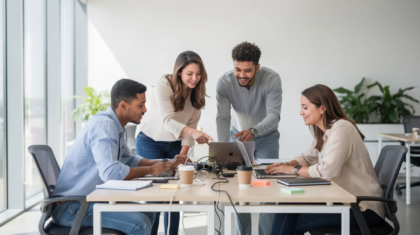 The image shows a small team collaborating around laptops in a bright, modern office, highlighting their teamwork and engagement in project management. This setting reflects the dynamic environment of growing teams exploring Airtable's flexible apps and various pricing plans to enhance their data management capabilities.