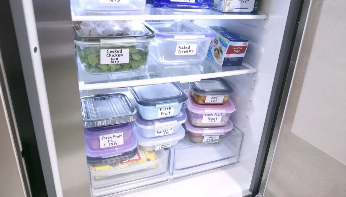 A refrigerator stocked with labeled containers of leftovers, demonstrating safe storage practices.