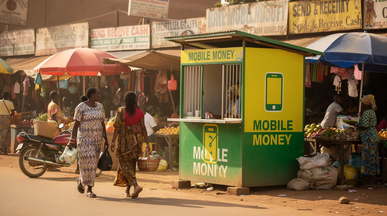 The image shows a small mobile money agent booth bustling with activity in a busy East African market, where people are walking by, engaging in transactions to send money and transfer funds securely. This vibrant scene highlights the importance of mobile money services for individuals looking to send money to Uganda quickly and efficiently.