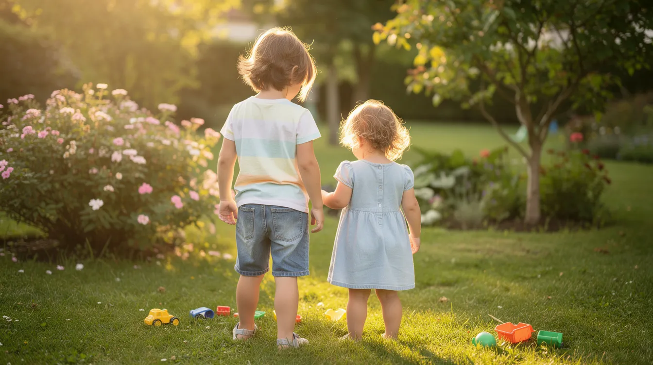Zwei kleine Kinder spielen in einem sonnigen Garten, wobei sie mit dem Rücken zur Kamera gewandt sind. Sie scheinen in eine fantasievolle Welt vertieft zu sein, während die warmen Sonnenstrahlen auf sie scheinen.