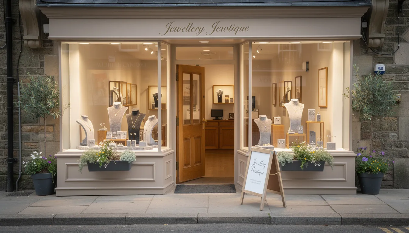 The image depicts a charming independent jewellery boutique storefront, featuring an inviting window display showcasing elegant jewelry pieces. This boutique represents a unique shopping experience, appealing to those interested in quality craftsmanship and personalized service.